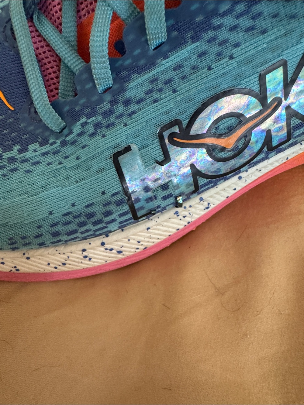 Hoka Ironman Blue Teal Running Shoes with Orange Accents and Pink Details - Picture 7 of 7